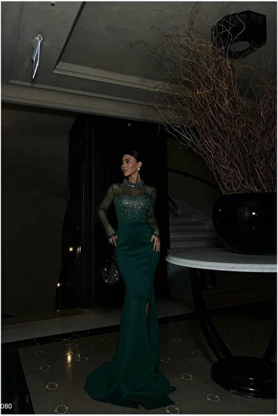 Şeker Portakalım Tulle Fishnet Evening Dress Fabric Dress Collar Cutout Vertical
