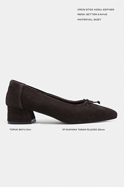 NİŞANTAŞI SHOES Esther Bitter Kahve Süet Deri Fiyonk Detay Blok Topuk Kadın Babet