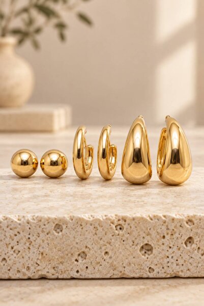 LYKOS 3-Piece Women's Gold Plump Earring Set - Ball and Drop Hoop Model Stud ...