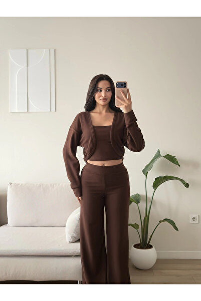 Zoom Butik Örme Hırkalı Üçlü Takım - KAHVE
