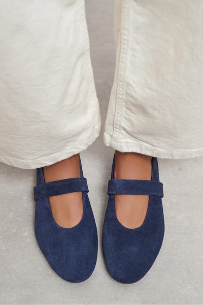 NİŞANTAŞI SHOES Tectum Navy Blue Suede Leather Mid-Strap Flat Sole Women's Ba...