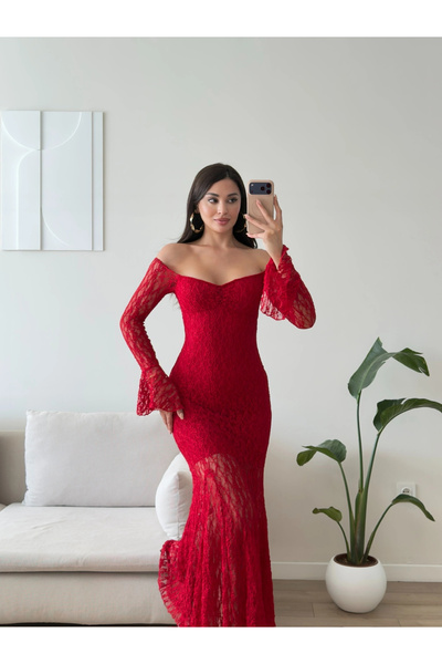 Zoom Butik Madonna Yaka Güpürlü Maxi Elbise - KIRMIZI