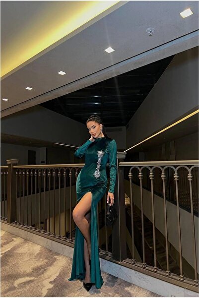 Şeker Portakalım V Detailed Evening Dress Stone Dress Collar Long Sleeves