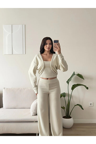Zoom Butik Örme Hırkalı Üçlü Takım - BEJ