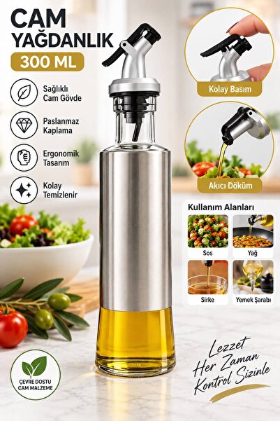 BuradaBuldun Γυάλινο δοχείο λαδιού 300 ML με επίστρωση από ανοξείδωτο ατσάλι,...