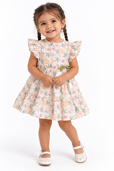 İŞLERKİDS Baby Girl Floral Patterned Dress Short Sleeve Tie Waist Summer Styl...