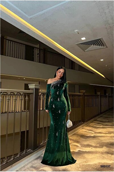Şeker Portakalım Flexible One-Piece Evening Dress with Velvet Fabric Shoulders