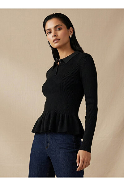 FAV Regular Fit Polo Peplum Top with Ribbed Design