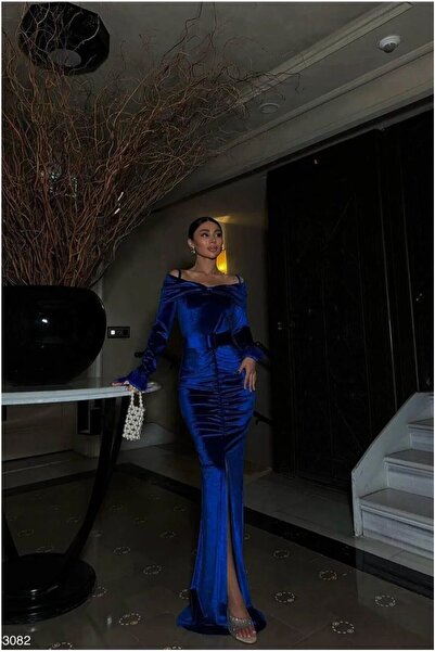 Şeker Portakalım Velvet Maxi Evening Dress Fabric Dress Collar Double Breasted