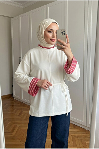 Kirazca Butik Women's Striped Detailed Collar and Wide Cuff Belted Tunic 70 cm