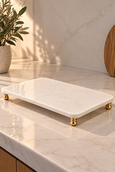 Zeybek Marble Beyaz Mermer Gold Ayaklı Dekoratif Stand & Mermer Sunumluk & Dü...