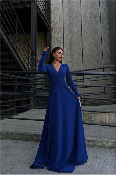 Şeker Portakalım Crepe Slit Maxi Evening Dress Fabric Dress with Collar and D...