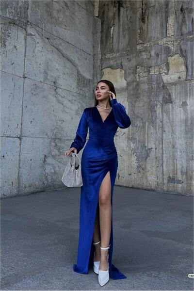Şeker Portakalım Velvet Slit Evening Dress Fabric Dress with Stand Collar