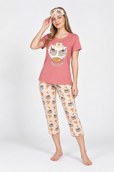 BOYRAZ Pijama Dama din Bumbac „I Love Pizza” , roz