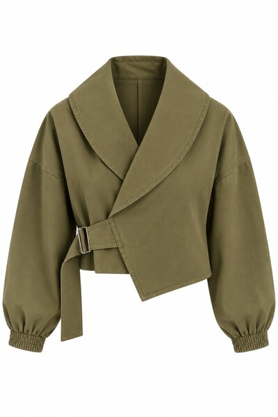Laluvia Khaki Shawl Collar Belted Crop Jacket - 4177