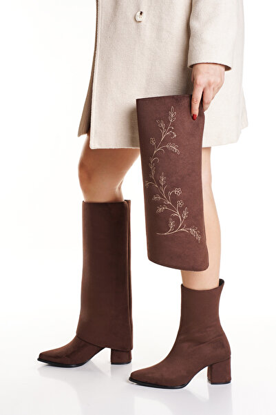 muhhu moda Women's Brown Suede Embroidered Dual-Use Boots / Boots with Remova...