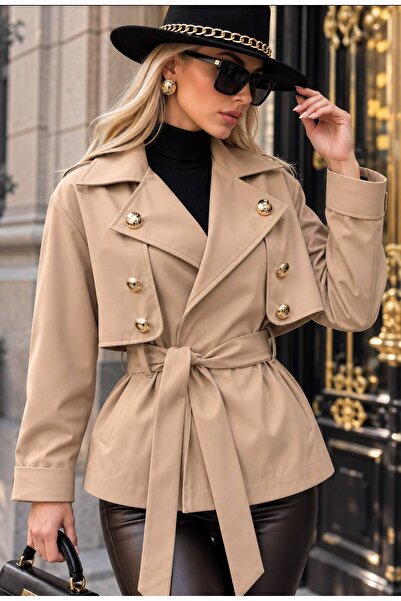 AsprinFashion Κομψό μπουφάν με διπλό στήθος, ζώνη και κουμπιά