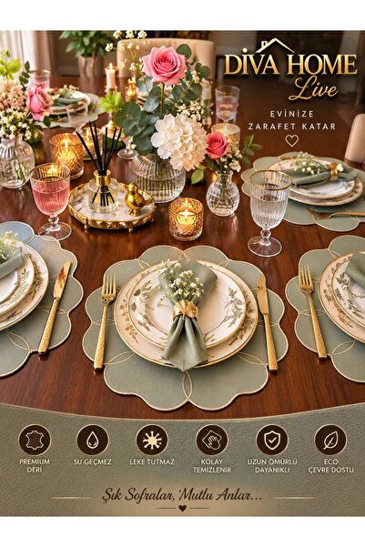 Diva Home 12 Parça Deri Haki Yeşili Amerikan Seti Servis & Bardak Altlığı