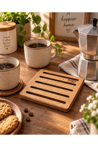 OAKY Life Square Wooden Trivet – 20X20 cm 18 mm Natural Plywood Grooved Pot and Pan Mat