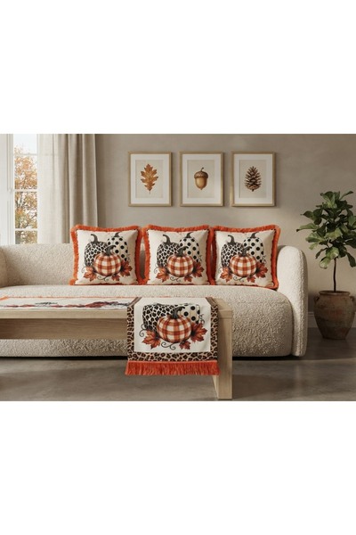 KEDİ Balkabağı püsküllü kırlent kılıfı ve runner set