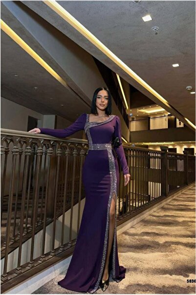 Şeker Portakalım Bicycle Maxi Detailed Evening Dress Stone Dress Collar