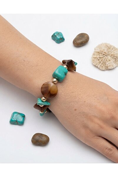 SEVA'S BİJUTERİ Women's Turquoise Color Shiny Brown Patterned Bead and Gold C...