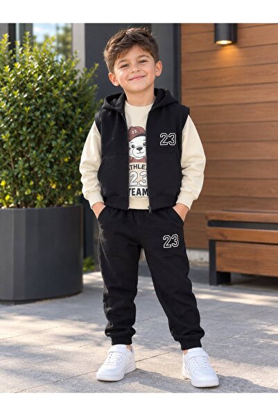 Genel Markalar Erkek Çocuk Kapüşonlu Yelekli 3'lü Sweatshirt ve Eşofman Takımı