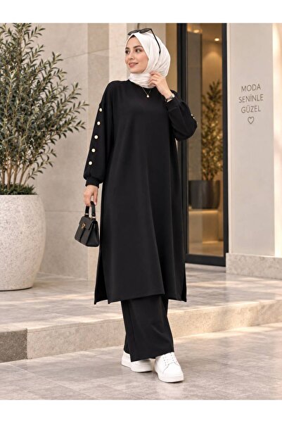 HANEDAN TESETTÜR Crystal Fabric Tunic Suit with Long Sleeves and Buttons, Double Set