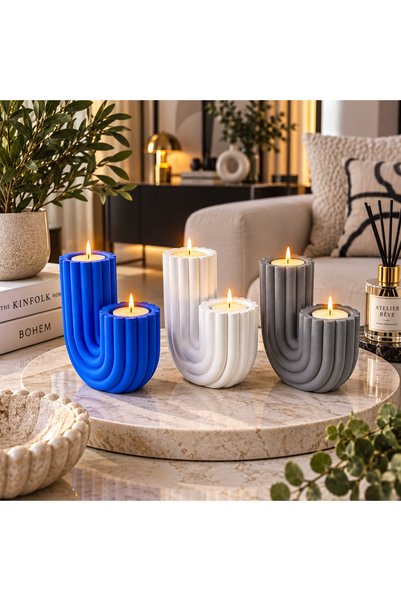 BUBUHOMEDECOR Kaktüs Model 3’lü Dekoratif Mumluk Seti – El Yapımı mavi