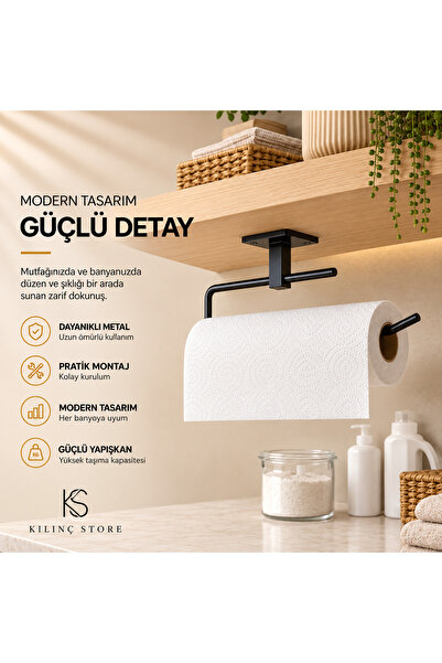 ESMANA LIVING Siyah Kağıt Rulo Havluluk Peçetelik Yapışkanlı Tasarım Askı