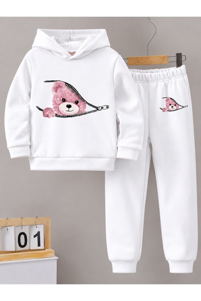 MASİON VESSAİRE Unisex 3 Threaded Threaded Teddy Bear Print Sweatshirt & Swea...