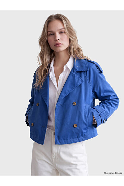 LC Waikiki Mavi Kruvaze Yaka Oversize Kadın Trençkot