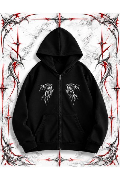 dompulerimoda Gothic Angel Wing Oversize Zippered Black Unisex Hooded Cardigan