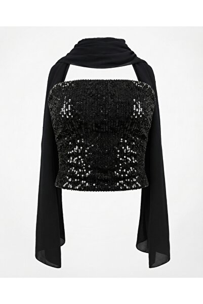 auraandmore AURORA PAYETLİ STRAPLEZ ŞİFON FULAR DETAYLI CROP BLUZ