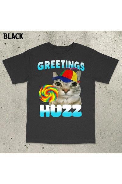 EYMORA Tricou unisex negru cu imprimeu Pisică cu pălărie colorată și acadele ...
