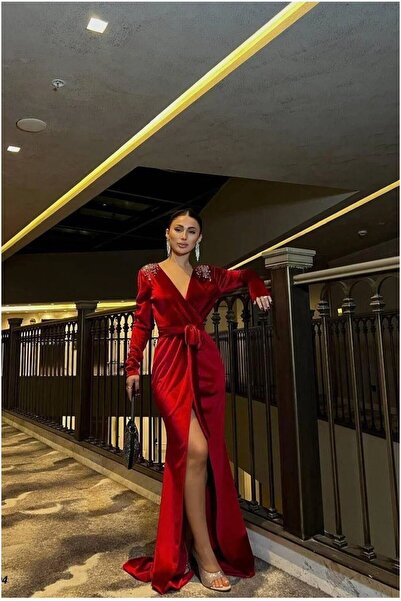 Şeker Portakalım Flexible Evening Dress Velvet Fabric Dress with Collar and B...