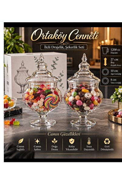 ORTAKÖYCENNETİ 2 ad Ayaklı Kapaklı Cam Kurabiyelik Şekerlik Drajelik kavanoz ...