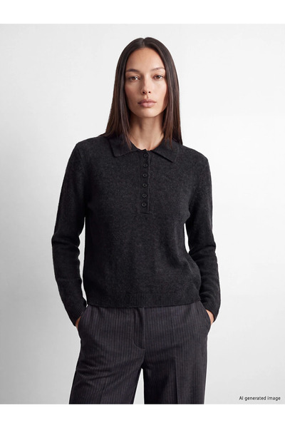 LC Waikiki Anthracite Polo Collar Wool Blend Women's Knitwear Sweater