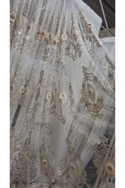 MERT TEXTILE Κρεμ κουρτίνα με τρισδιάστατα κεντημένα λουλούδια (νέο μοντέλο) ...