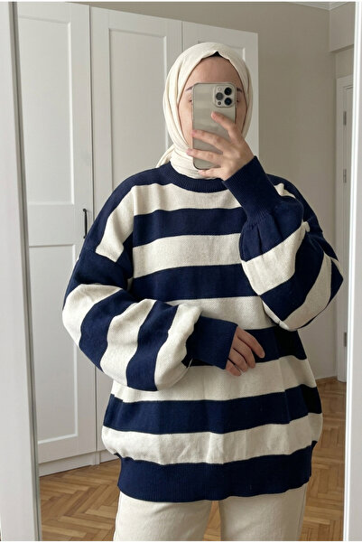 Kirazca Butik Women's Thick Striped Oversize Balloon Sleeve Crew Neck Knitwea...
