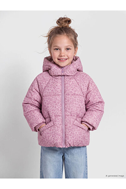 LC Waikiki Pembe Desenli Kapüşonlu Kız Çocuk Şişme Mont