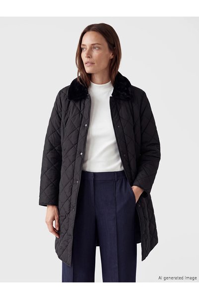 LC Waikiki Black fur collar quilted women's puffer jacket