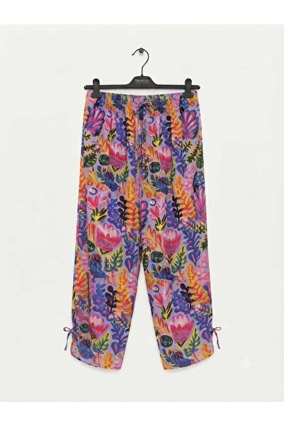 Desenli Beli ve Paçası İp Bağcıklı Rahat Kesim Viskon Pijama Altı