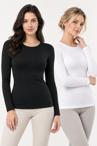 Loule Women's 2-Pack 95% Cotton Crew Neck Long Sleeve Basic Top - Flexible So...