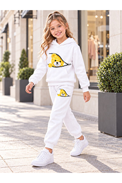 MASİON VESSAİRE Unisex 3 Threaded Threaded Teddy Bear Print Sweatshirt & Swea...