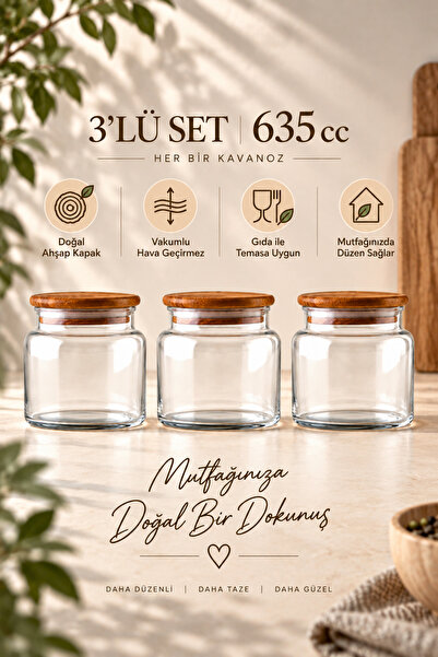 Woodcept. Sora Set of 3 Wooden Vacuum Lid Glass Tea, Sugar, Coffee Storage Ja...