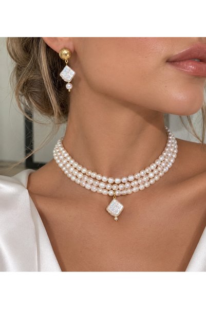 AYER TAKI Gerçek inci, Choker, kolye küpe seti