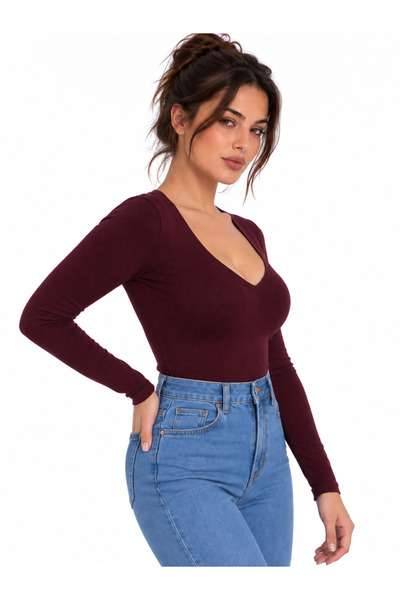 Kadın Bordo V Yaka Uzun Kollu Slim Fit Pamuklu Ultra Soft Likralı Kumaş Basic Bluz