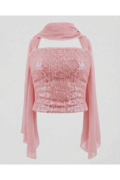 auraandmore AURORA PAYETLİ STRAPLEZ ŞİFON FULAR DETAYLI CROP BLUZ