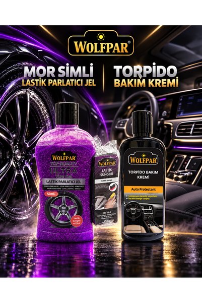 WOLFPAR Mor Simli Lastik Parlatıcı Jel ve Torpido Bakım Kremi – Lastik Sünger...